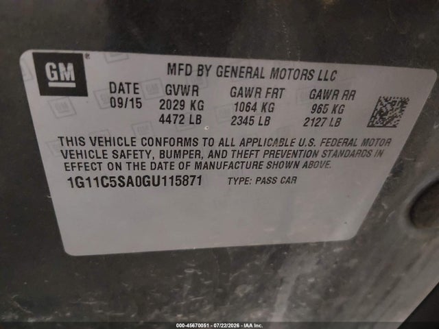 45670051 :رقم المزاد ، 1G11C5SA0GU115871 vin ، 2016 Chevrolet Malibu Limited Lt مزاد بيع