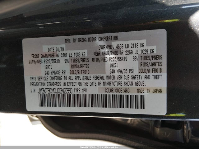 45670052 :رقم المزاد ، JM3KFBCM0J0342350 vin ، 2018 Mazda Cx-5 Touring مزاد بيع