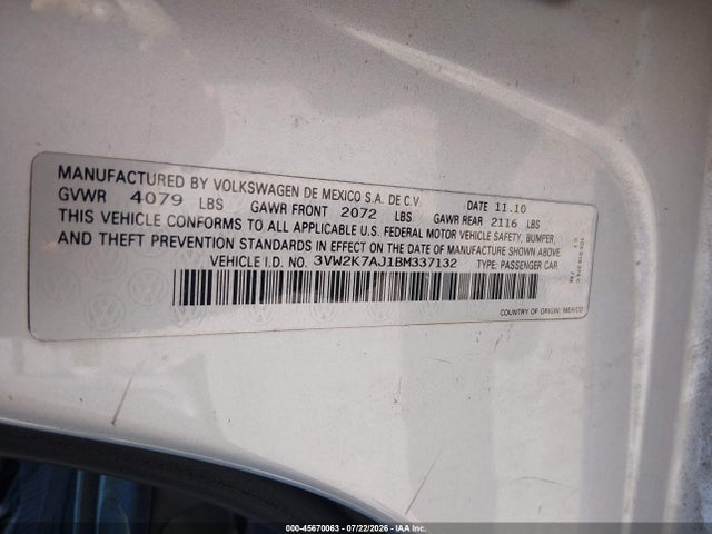 2011 Volkswagen Jetta 2.0l S მანქანა იყიდება აუქციონზე, vin: 3VW2K7AJ1BM337132, აუქციონის ნომერი: 45670063