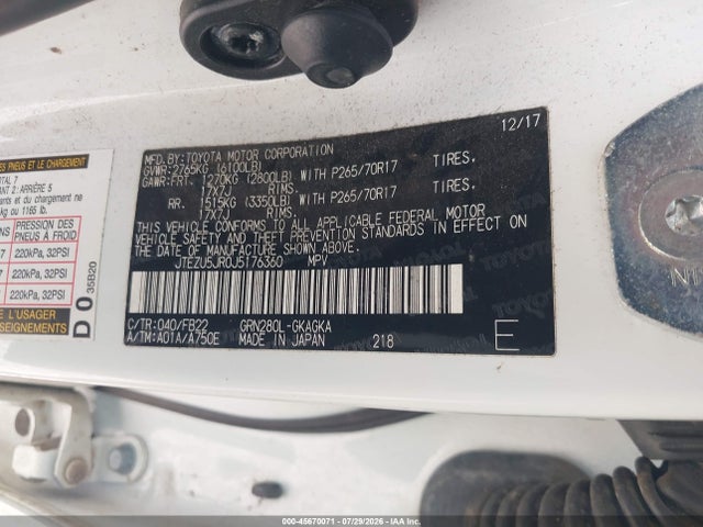 Продажа на аукционе авто 2018 Toyota 4runner Sr5, vin: JTEZU5JR0J5176360, номер лота: 45670071