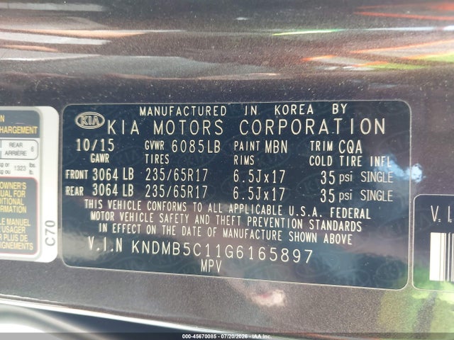 2016 Kia Sedona Lx მანქანა იყიდება აუქციონზე, vin: KNDMB5C11G6165897, აუქციონის ნომერი: 45670085