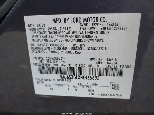 45670087 :رقم المزاد ، MAJ6S3GLXNC465693 vin ، 2022 Ford Ecosport Se مزاد بيع
