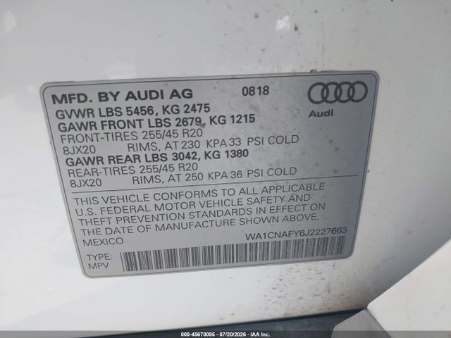 45670095 :رقم المزاد ، WA1CNAFY6J2227663 vin ، 2018 Audi Q5 2.0t Premium/2.0t Tech Premium مزاد بيع