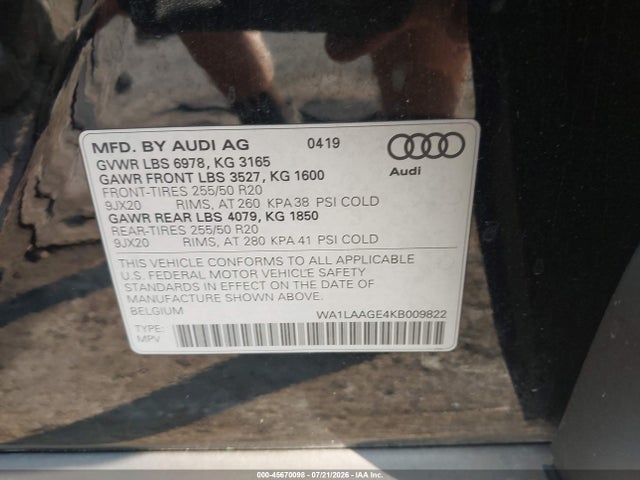 Aukcja sprzedaży 2019 Audi E-tron Premium Plus, vin: WA1LAAGE4KB009822, numer aukcji: 45670098