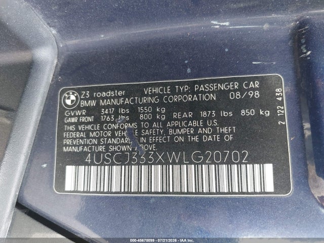 45670099 :رقم المزاد ، 4USCJ333XWLG20702 vin ، 1998 Bmw Z3 2.8 مزاد بيع