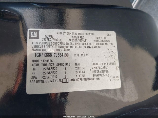 Продажа на аукционе авто 2007 Gmc Yukon Xl Denali Denali, vin: 1GKFK66817J384190, номер лота: 45670105