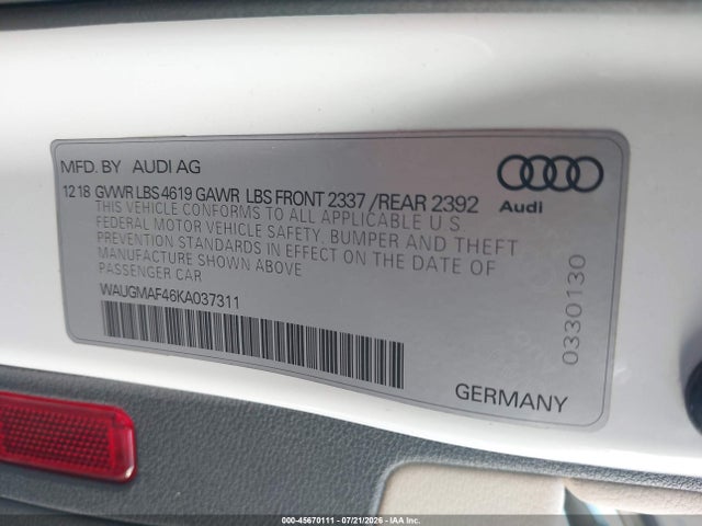 Aukcja sprzedaży 2019 Audi A4 40 Premium, vin: WAUGMAF46KA037311, numer aukcji: 45670111