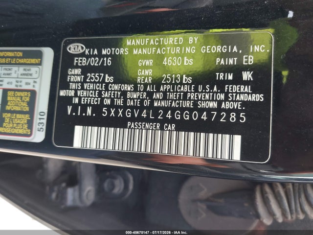 Продаж на аукціоні авто 2016 Kia Optima Sxl Turbo, vin: 5XXGV4L24GG047285, номер лоту: 45670147
