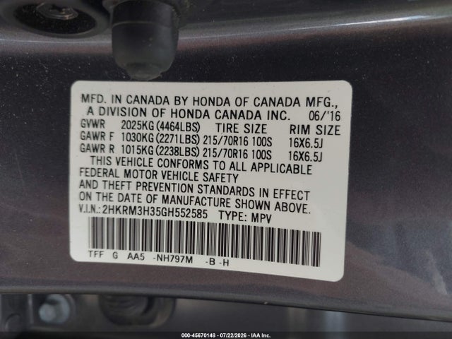 Продажа на аукционе авто 2016 Honda Cr-v Lx, vin: 2HKRM3H35GH552585, номер лота: 45670148