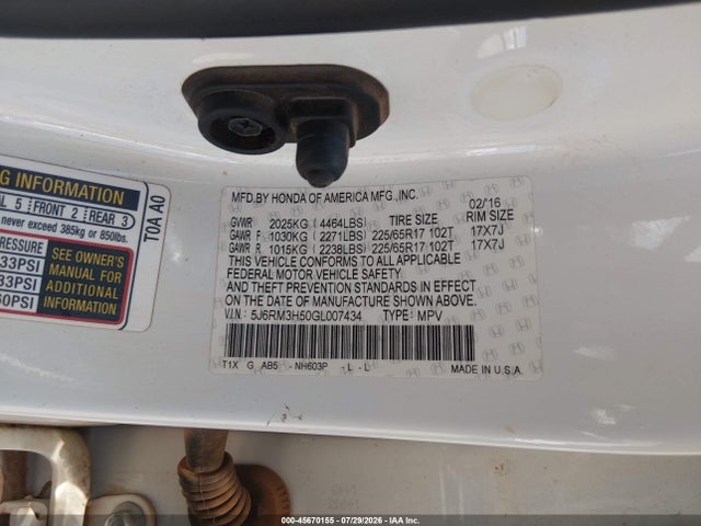 Продажа на аукционе авто 2016 Honda Cr-v Ex, vin: 5J6RM3H50GL007434, номер лота: 45670155