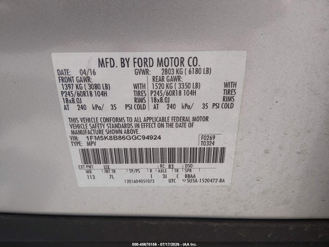 1FM5K8B86GGC94924 Ford Explorer