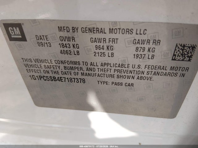 45670172 :رقم المزاد ، 1G1PC5SB4E7187378 vin ، 2014 Chevrolet Cruze 1lt Auto مزاد بيع