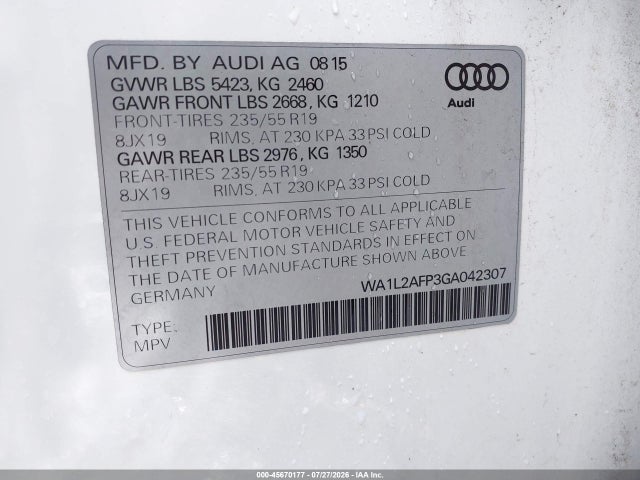 WA1L2AFP3GA042307 Audi Q5 2.0t Premium