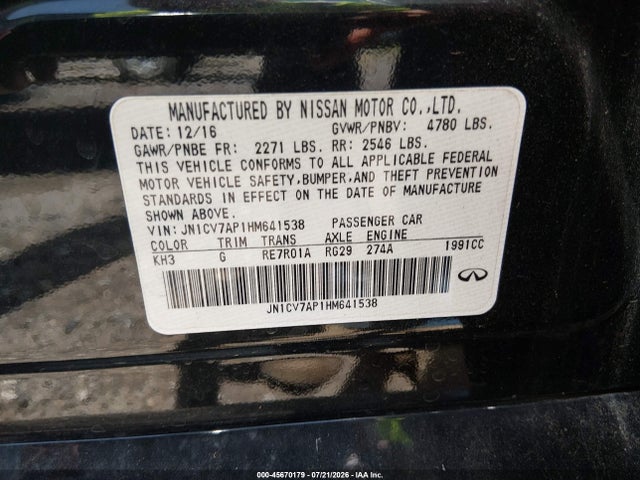 Продажа на аукционе авто 2017 Infiniti Q50 2.0t Premium, vin: JN1CV7AP1HM641538, номер лота: 45670179