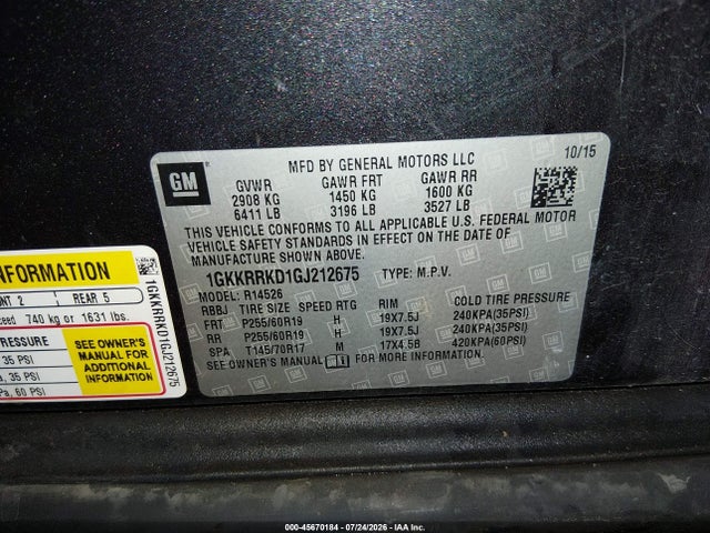 45670184 :رقم المزاد ، 1GKKRRKD1GJ212675 vin ، 2016 Gmc Acadia Slt-1 مزاد بيع