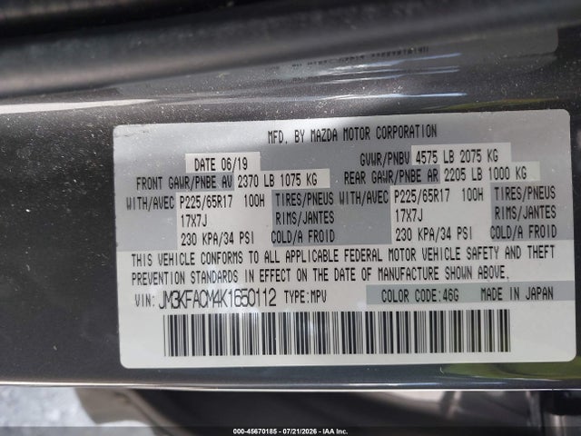 Aukcja sprzedaży 2019 Mazda Cx-5 Touring, vin: JM3KFACM4K1650112, numer aukcji: 45670185