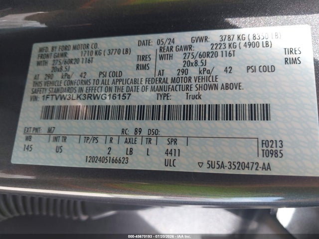 Aukcja sprzedaży 2024 Ford F-150 Lightning Xlt, vin: 1FTVW3LK3RWG16157, numer aukcji: 45670193