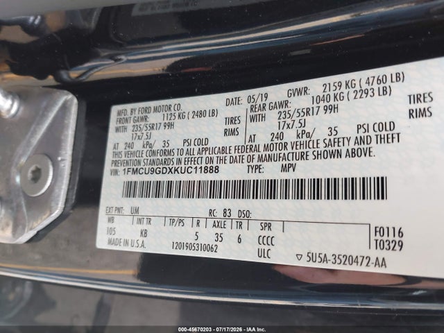 2019 Ford Escape Se მანქანა იყიდება აუქციონზე, vin: 1FMCU9GDXKUC11888, აუქციონის ნომერი: 45670203