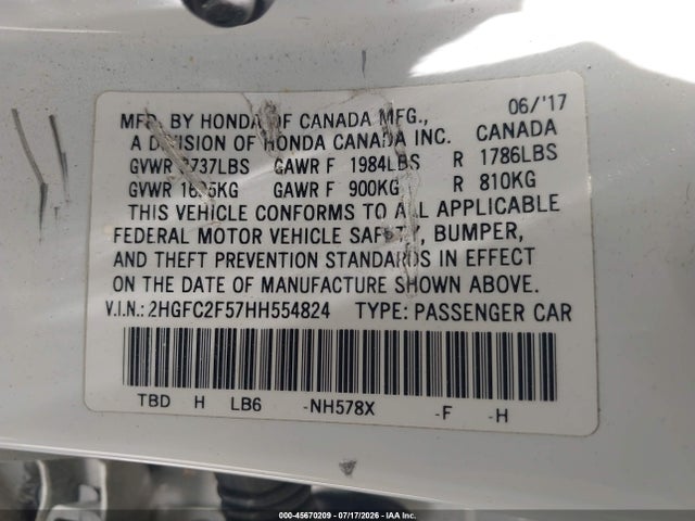 Honda Civic Lx 2017 2HGFC2F57HH554824 Image 9