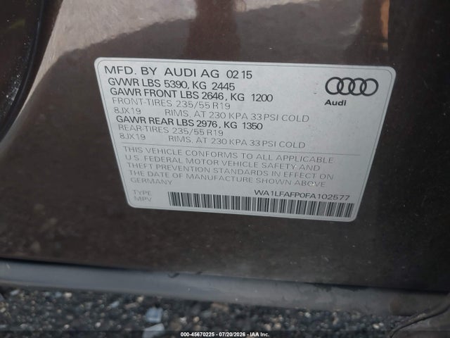 Aukcja sprzedaży 2015 Audi Q5 2.0t Premium, vin: WA1LFAFP0FA102577, numer aukcji: 45670225