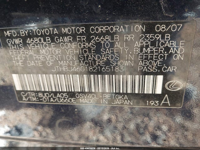 Продаж на аукціоні авто 2008 Lexus Es 350, vin: JTHBJ46G182165183, номер лоту: 45670226
