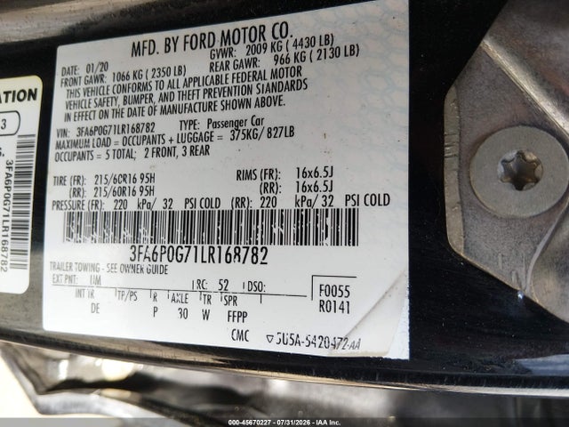 Aukcja sprzedaży 2020 Ford Fusion S, vin: 3FA6P0G71LR168782, numer aukcji: 45670227