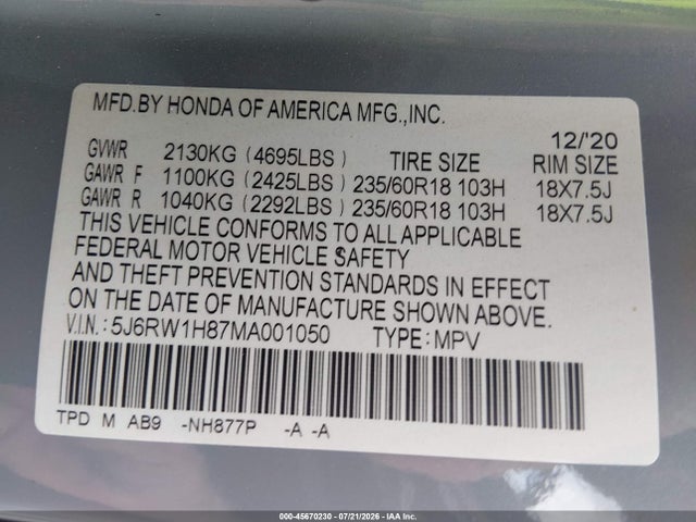 5J6RW1H87MA001050 Honda Cr-v 2wd Ex-l
