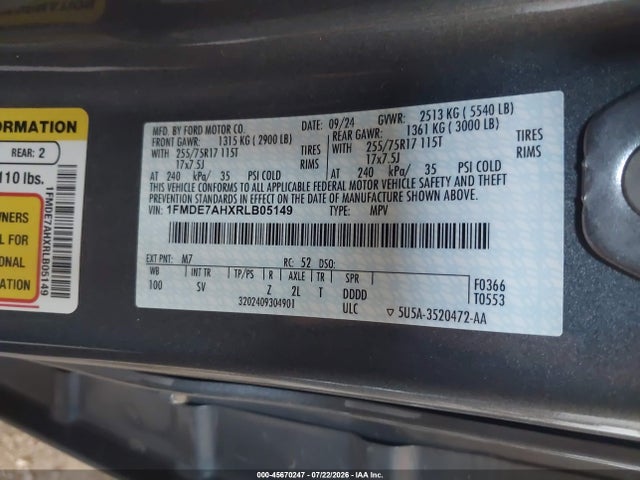 Aukcja sprzedaży 2024 Ford Bronco Big Bend, vin: 1FMDE7AHXRLB05149, numer aukcji: 45670247