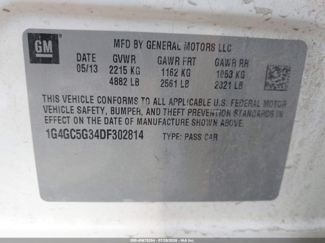 Aukcja sprzedaży 2013 Buick Lacrosse Leather Group, vin: 1G4GC5G34DF302814, numer aukcji: 45670254