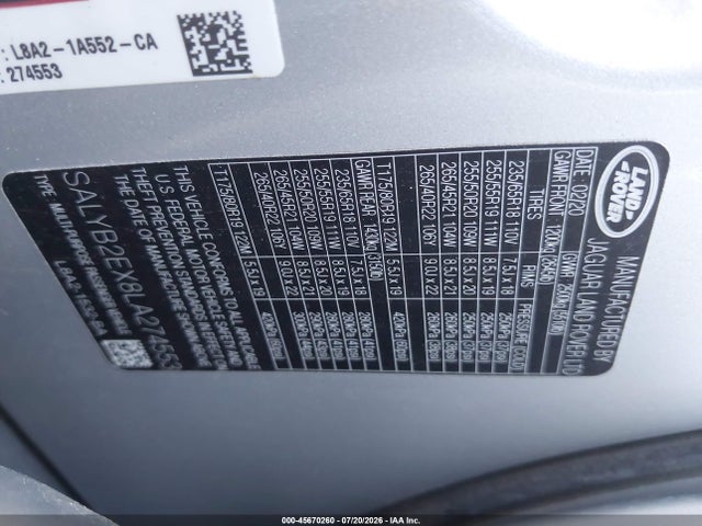 2020 Land Rover Range Rover Velar P250 S მანქანა იყიდება აუქციონზე, vin: SALYB2EX8LA274553, აუქციონის ნომერი: 45670260