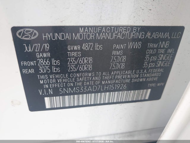 Aukcja sprzedaży 2020 Hyundai Santa Fe Sel, vin: 5NMS33AD7LH151926, numer aukcji: 45670262