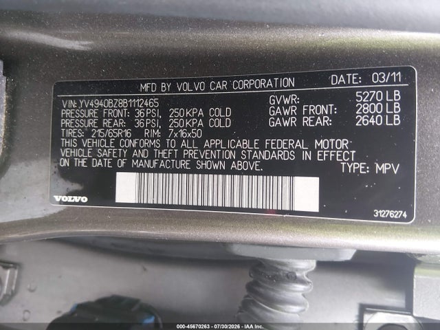 Продажа на аукционе авто 2011 Volvo Xc70 3.2l, vin: YV4940BZ8B1112465, номер лота: 45670263