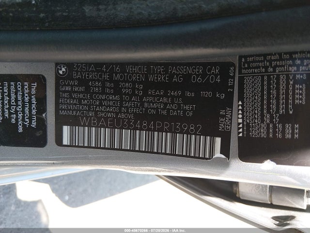 2004 Bmw 325xi მანქანა იყიდება აუქციონზე, vin: WBAEU33484PR13982, აუქციონის ნომერი: 45670266