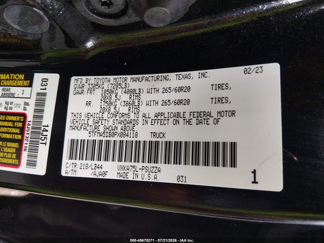 Aukcja sprzedaży 2023 Toyota Tundra 1794 Edition, vin: 5TFMA5DB0PX084118, numer aukcji: 45670271