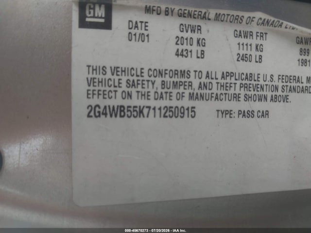 45670273 :رقم المزاد ، 2G4WB55K711250915 vin ، 2001 Buick Regal Ls مزاد بيع