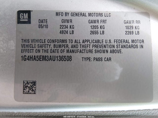 2010 Buick Lucerne Cx მანქანა იყიდება აუქციონზე, vin: 1G4HA5EM3AU136508, აუქციონის ნომერი: 45670276
