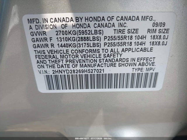 Продажа на аукционе авто 2009 Acura Mdx, vin: 2HNYD28269H527021, номер лота: 45670277