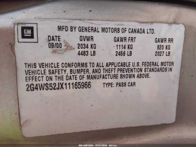 Aukcja sprzedaży 2001 Buick Century Custom, vin: 2G4WS52JX11165966, numer aukcji: 45670294