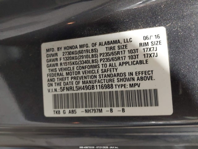 2016 Honda Odyssey Ex მანქანა იყიდება აუქციონზე, vin: 5FNRL5H49GB116988, აუქციონის ნომერი: 45670330