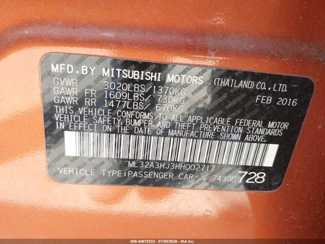 45670332 :رقم المزاد ، ML32A3HJ3HH002717 vin ، 2017 Mitsubishi Mirage Es مزاد بيع