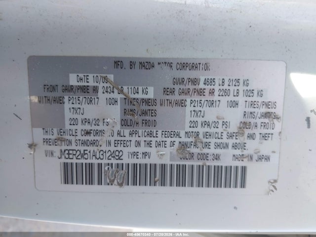 Aukcja sprzedaży 2010 Mazda Cx-7 I Sv, vin: JM3ER2W51A0312492, numer aukcji: 45670340