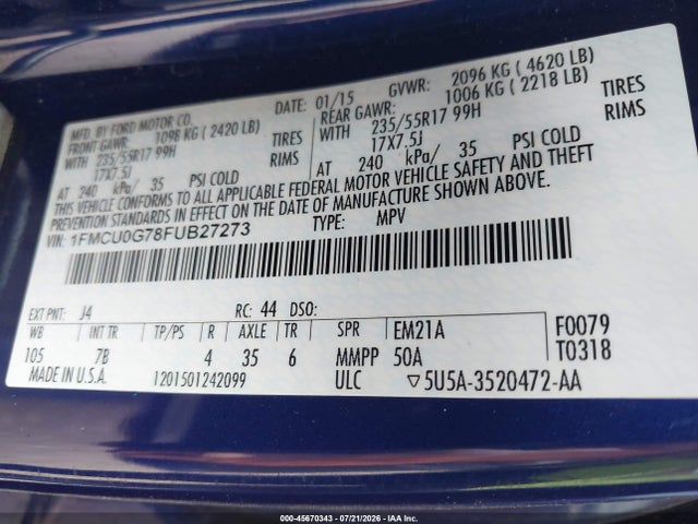 Продаж на аукціоні авто 2015 Ford Escape Se, vin: 1FMCU0G78FUB27273, номер лоту: 45670343