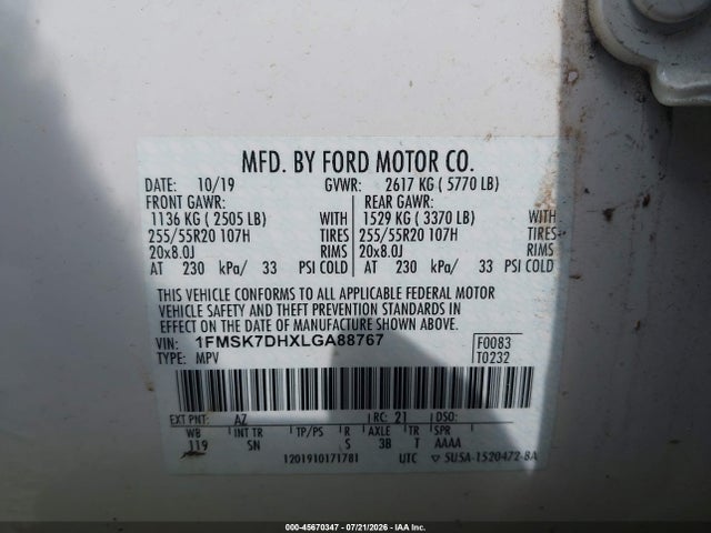 1FMSK7DHXLGA88767 Ford EXPLORER XLT