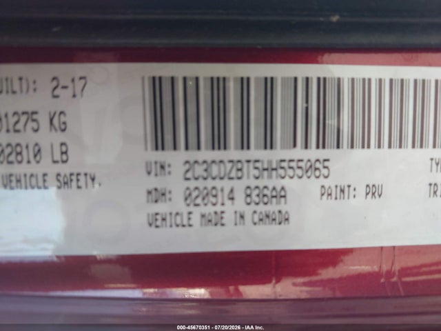 Aukcja sprzedaży 2017 Dodge Challenger R/t, vin: 2C3CDZBT5HH555065, numer aukcji: 45670351