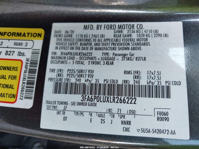 45670352 :رقم المزاد ، 3FA6P0LUXLR266222 vin ، 2020 Ford Fusion Hybrid Se مزاد بيع