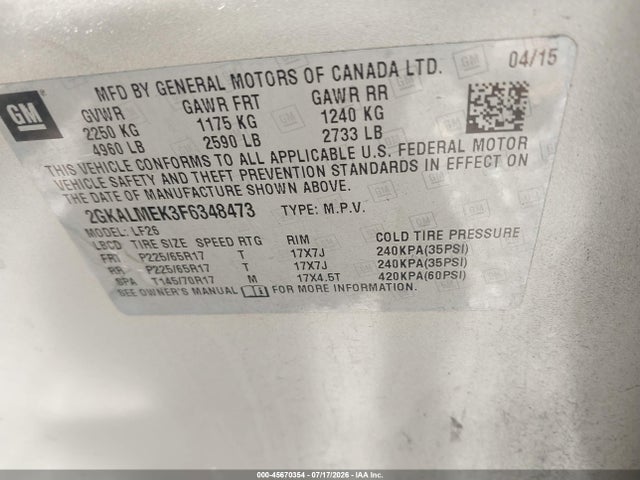 Продаж на аукціоні авто 2015 Gmc Terrain Sle-1, vin: 2GKALMEK3F6348473, номер лоту: 45670354