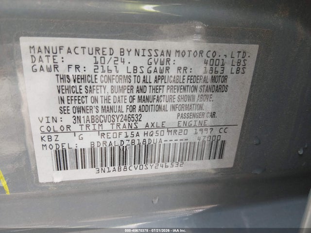 3N1AB8CV0SY246532 Nissan SENTRA SV