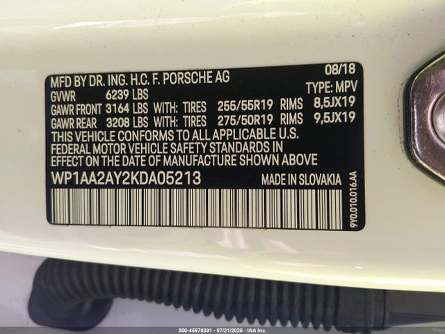 45670391 :رقم المزاد ، WP1AA2AY2KDA05213 vin ، 2019 Porsche Cayenne مزاد بيع