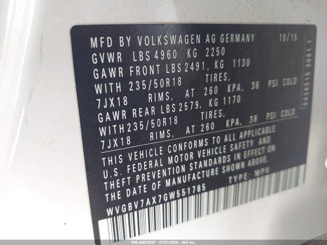 2016 Volkswagen Tiguan Se მანქანა იყიდება აუქციონზე, vin: WVGBV7AX7GW551785, აუქციონის ნომერი: 45670397