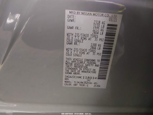 5N1AZ2CJXMC118034 Nissan Murano Sl Fwd